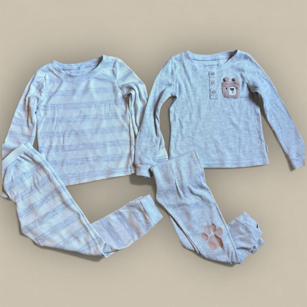 Kids Bearpaw PJ Lot sleep set Thermal Waffle Knit 4T Gray Stripe Boys Girls